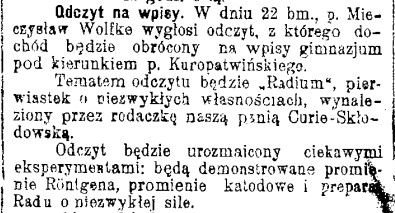 Wolfke, zapowiedź odczytu, G.Cz. 64, 1908 r..jpg