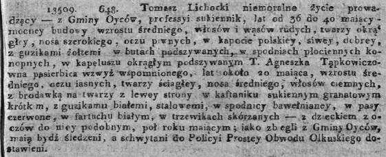 Tomasz Lichocki, list gończy, Dz.Rz.W.K.52, 1817 r..jpg