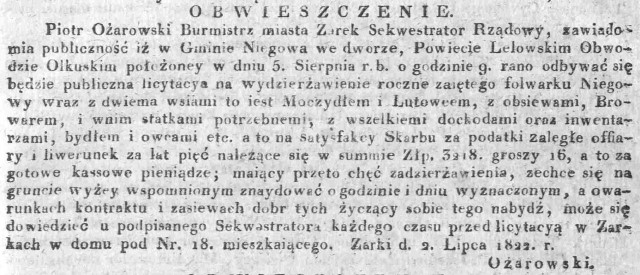 folwark Niegowa, wsie Moczydło i Lutowiec, przetarg na dzierżawę, Dz.U.W.K. 29, 1822 r..jpg