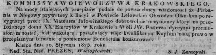 rezygnacja księdza Jałowińskiego , Dz.U.W.K. 9, 1825 r..jpg