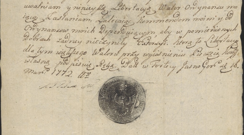 Dokument Pułaskiego uwalniajacy Włodowice od furażu, noclegu, itd, Jasna Góra, 1772 r., dół_Easy-Resize.com.jpg